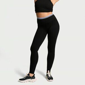 Victoria's Secret PINK Leggings L XL Black White Stripe Foldover Waist Seamless